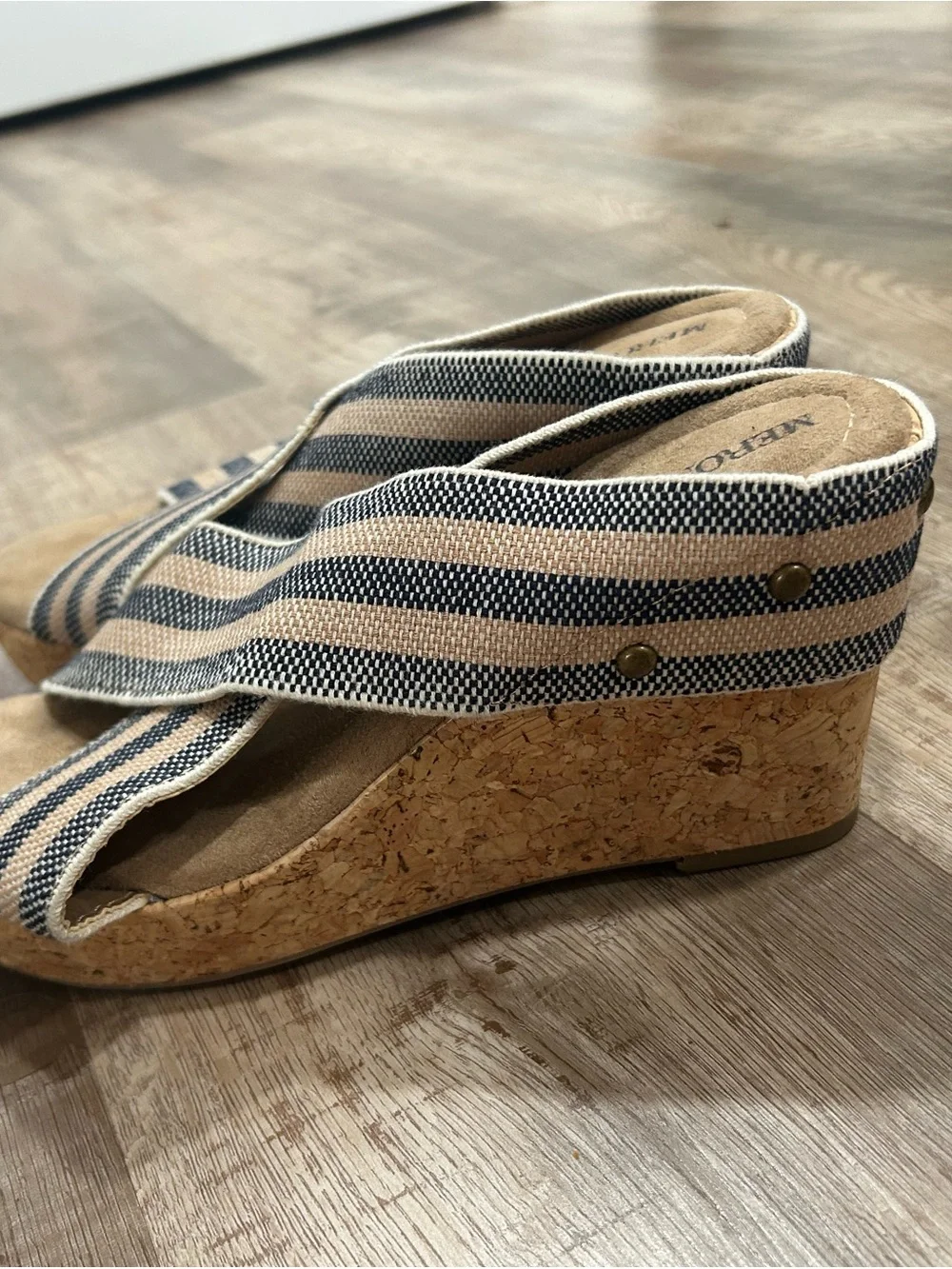 Merona Beige and Navy Striped Crisscross Wedge Sandals